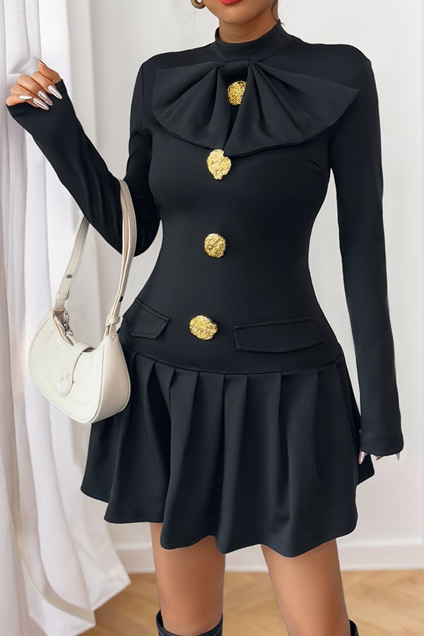 Fashion Button Long Sleeve Ruffle Hem Casual Dress