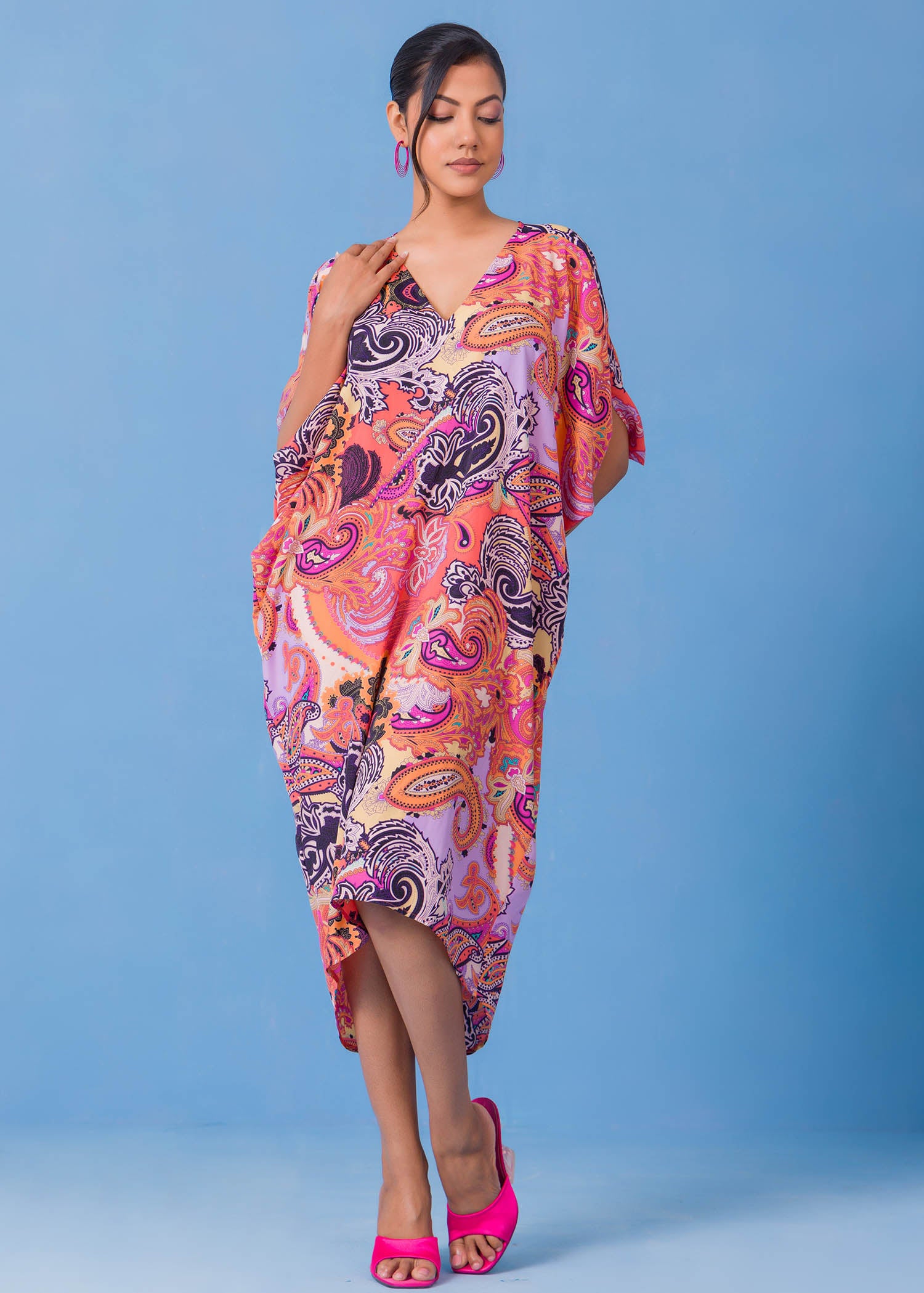 V Printed Neck Kaftan Dress