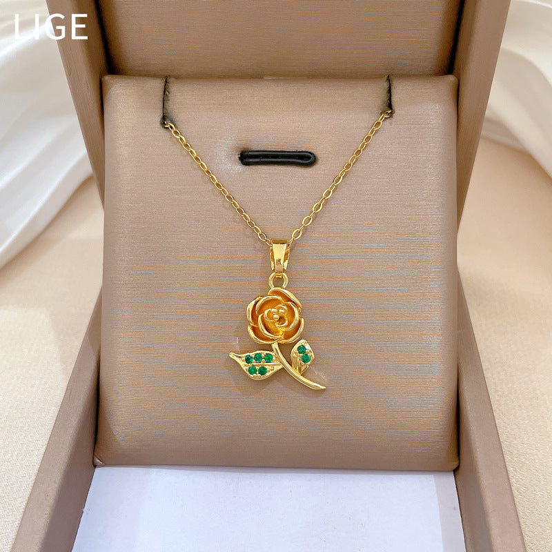Green Leaf Rose Zircon Gorgeous Full Diamond Necklace Female Versatile Clavicle Chain Titanium Steel Chain