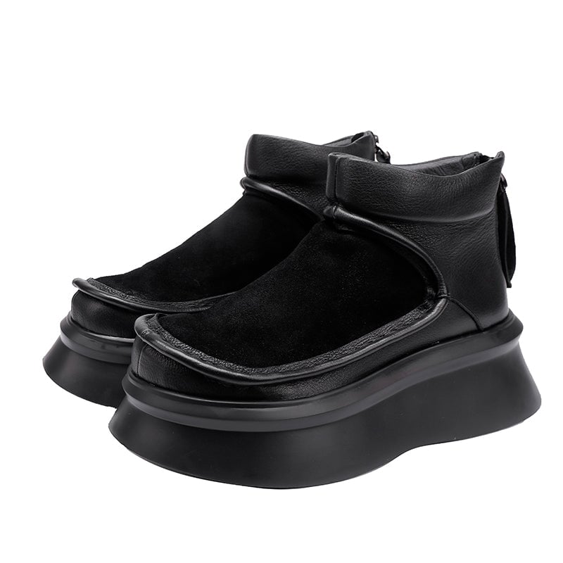 Retro Genuine Leather Platform Short Boots For Women Round Toe in Black/Brown