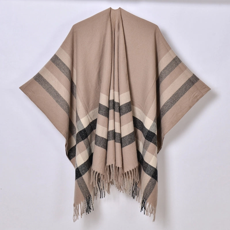 New Tassel Split Shawl Autumn And Winter Women's Simple Plaid Jacquard Scarf Cloak Hot Selling