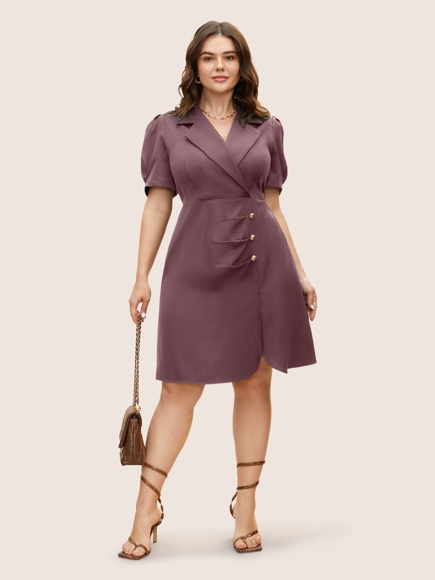 Suit Collar Metal Detail Lantern Sleeve Dress