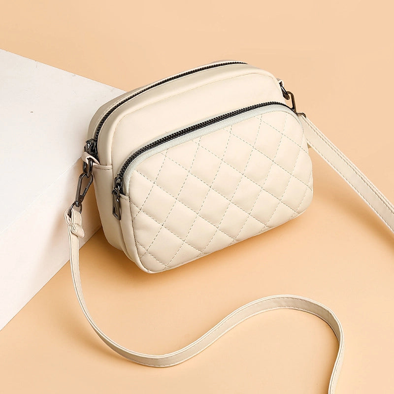 Women's Small Pu Leather Solid Color Lingge Basic Square Zipper Shoulder Bag Crossbody Bag