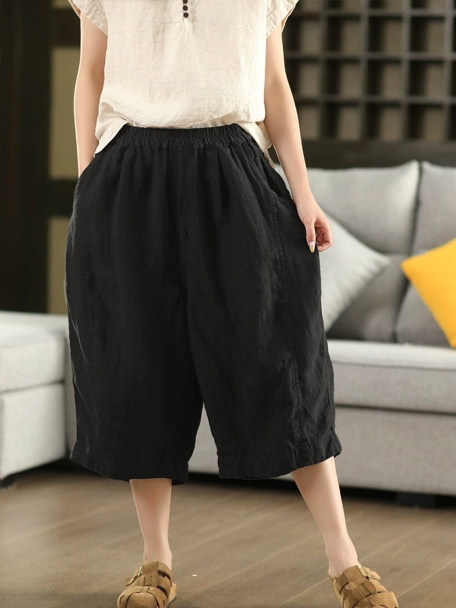 Women Summer Vintage 100%Linen Wide-leg Cropped Pants