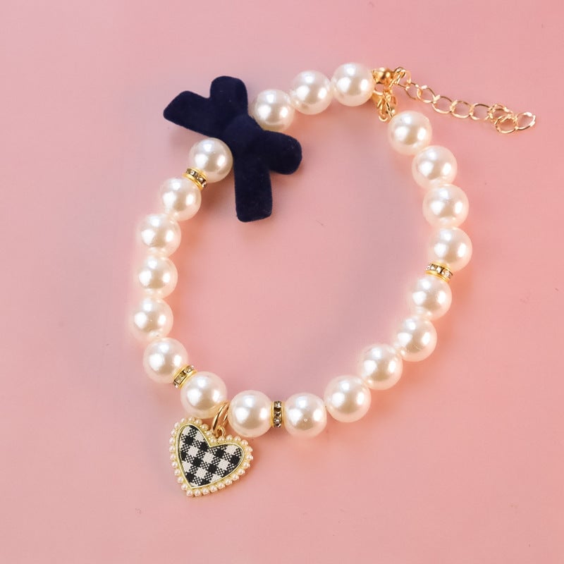 Vintage Plaid Heart Pearl Dog Cat Necklace