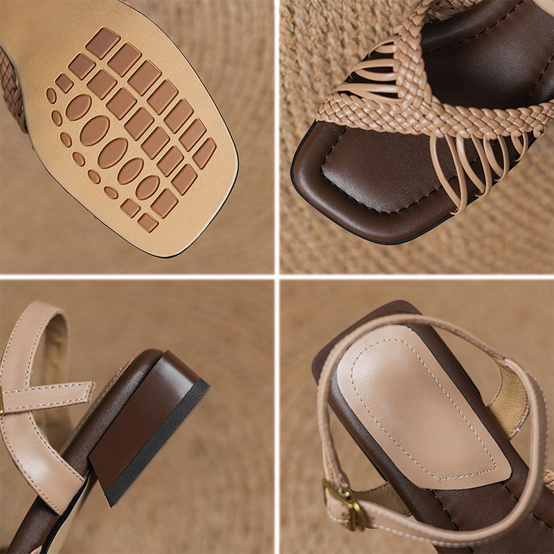 Handmade Woven Leather Peep Toe Slingback Sandals Casual Commuter Styles in Beige/Brown