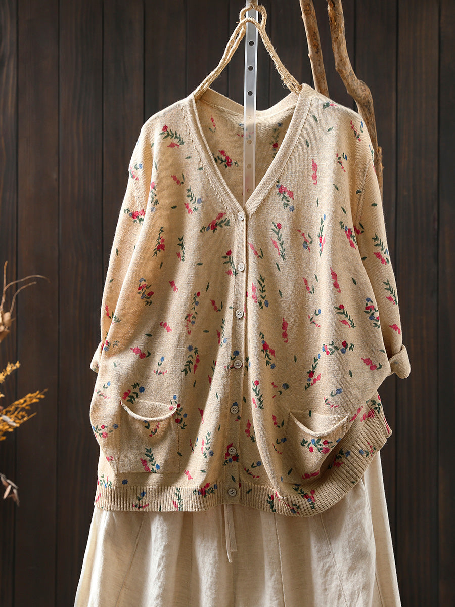 Women Summer Artsy Floral Knitted V-Neck Cotton Shirt