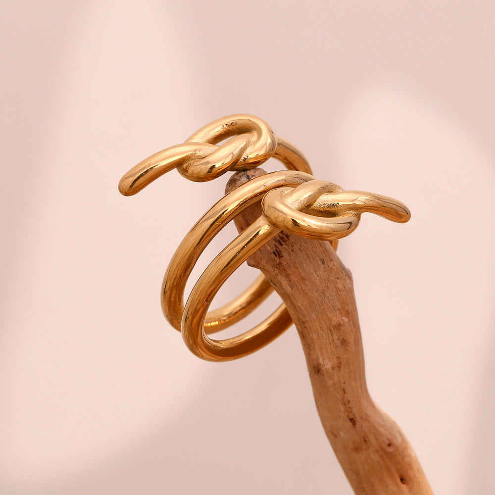 Ins Fashion Niche Design Hand Jewelry Stainless Steel Plated 18K Gold Three-Layer Knotted Ring Female