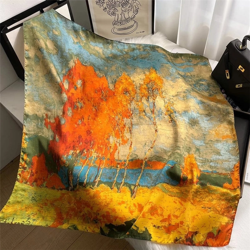 Women's Elegant Sweet Color Block Satin Printing Flowers Silk Scarf