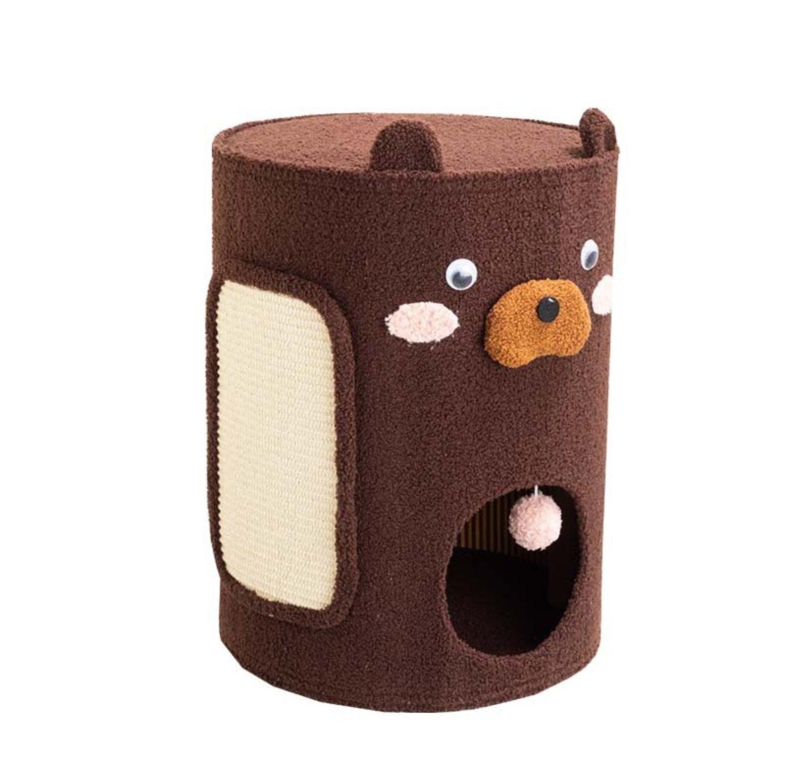 Bear Barrel Cat Scratching Post with Detachable Plush Covering