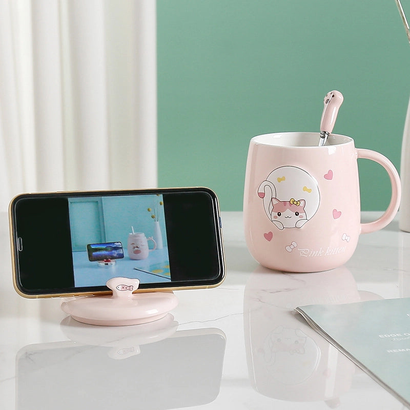 Cat Mug With Lid Spoon Ceramic Cup Creative Personality Trendy Office Cartoon Ins Household Coffee Cup