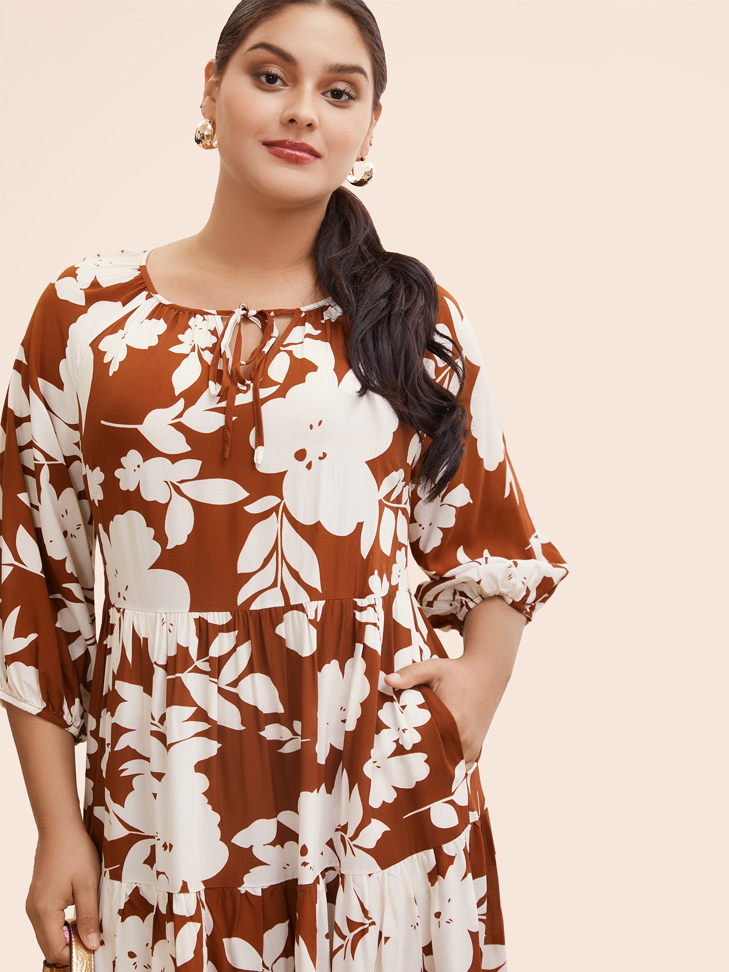 Silhouette Floral Print Knot Neck Lantern Sleeve Dress