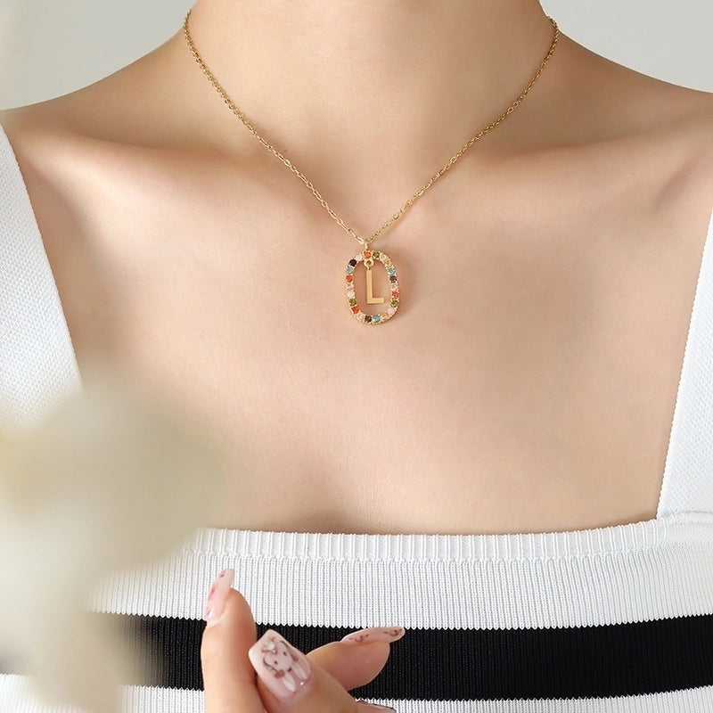 INS Style Letter Oval Titanium Steel Zircon 18K Gold Plated Inlay Necklace