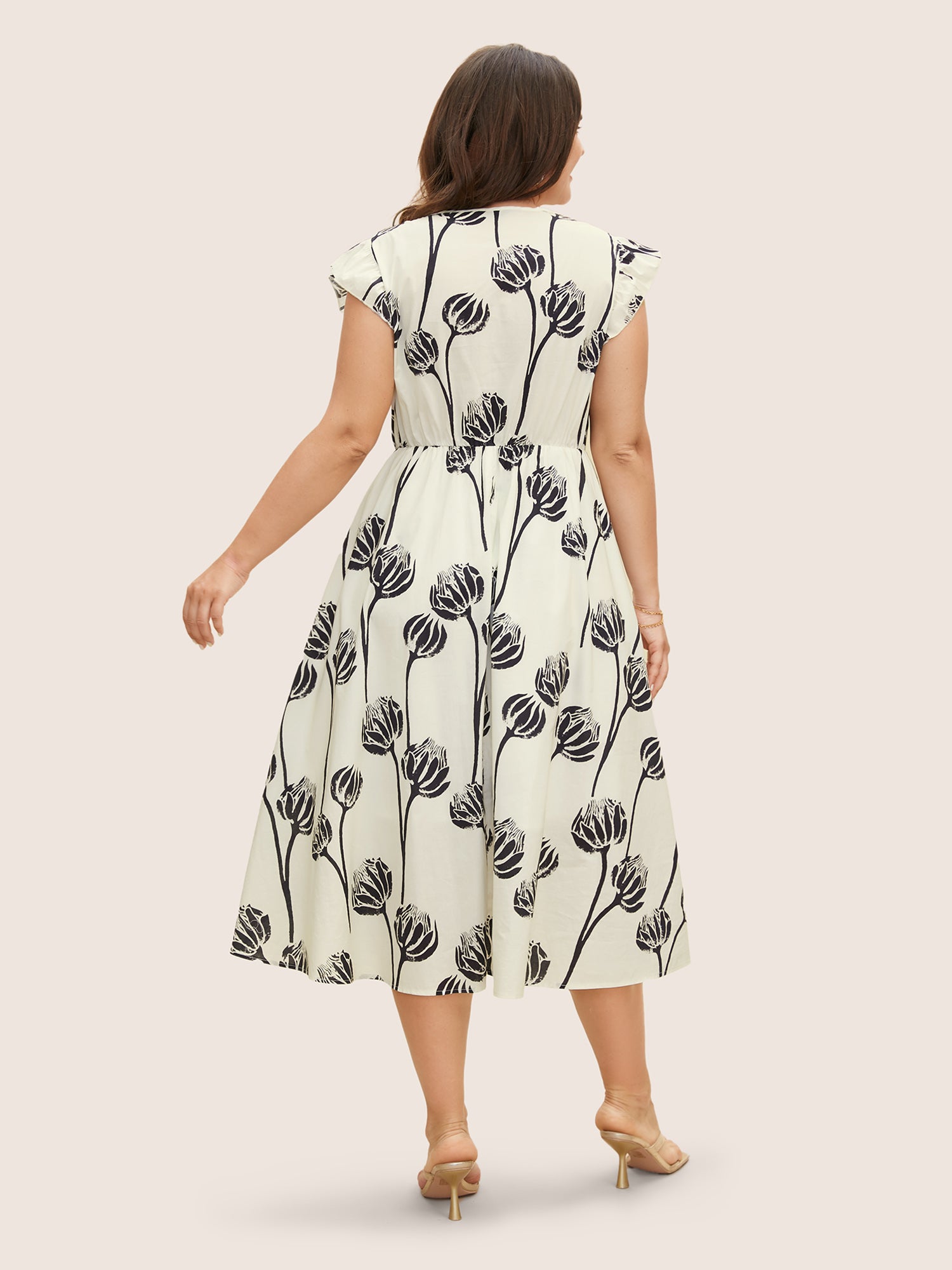 V Neck Floral Print Ruffle Cap Sleeve Dress