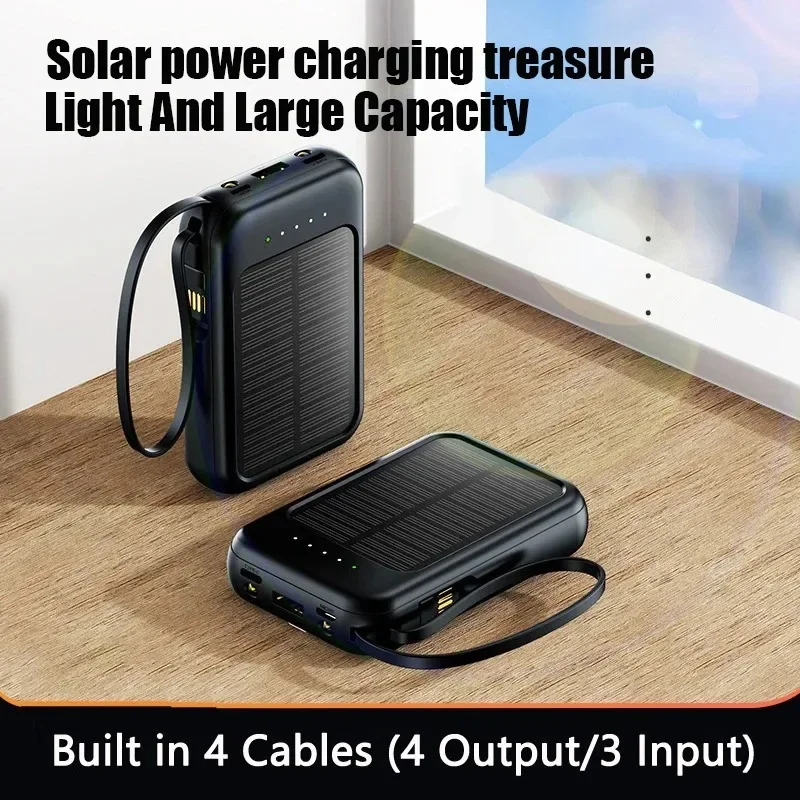 50000mAh Solar Power Bank Built Cables Fast Charger 2 USB Ports External Charger Power Bank  LED Light For Iphone Xiaomi Samsung