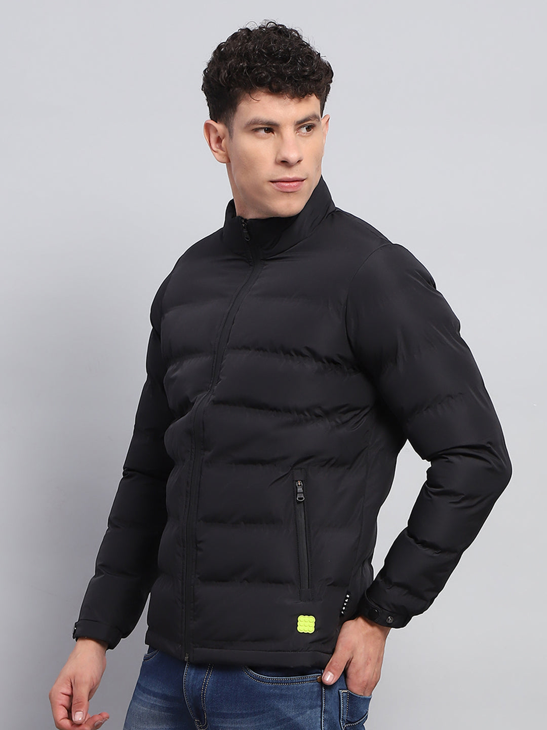 Men Black Solid Mock Neck Full Sleeve Jacket