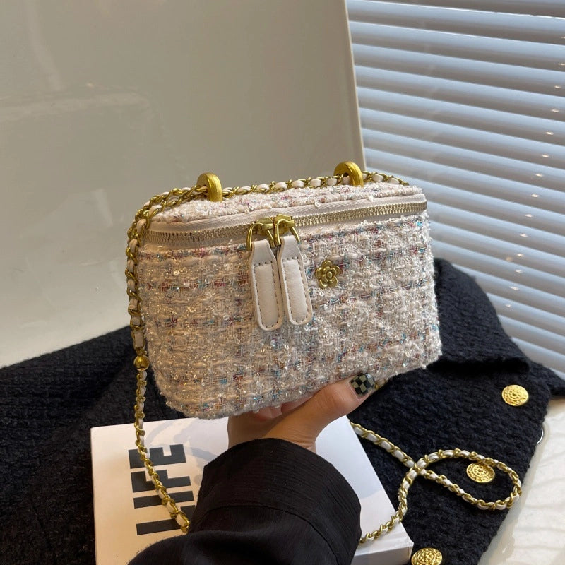 Women's Canvas Plaid Elegant Sewing Thread Square Zipper Shoulder Bag Crossbody Bag Square Bag