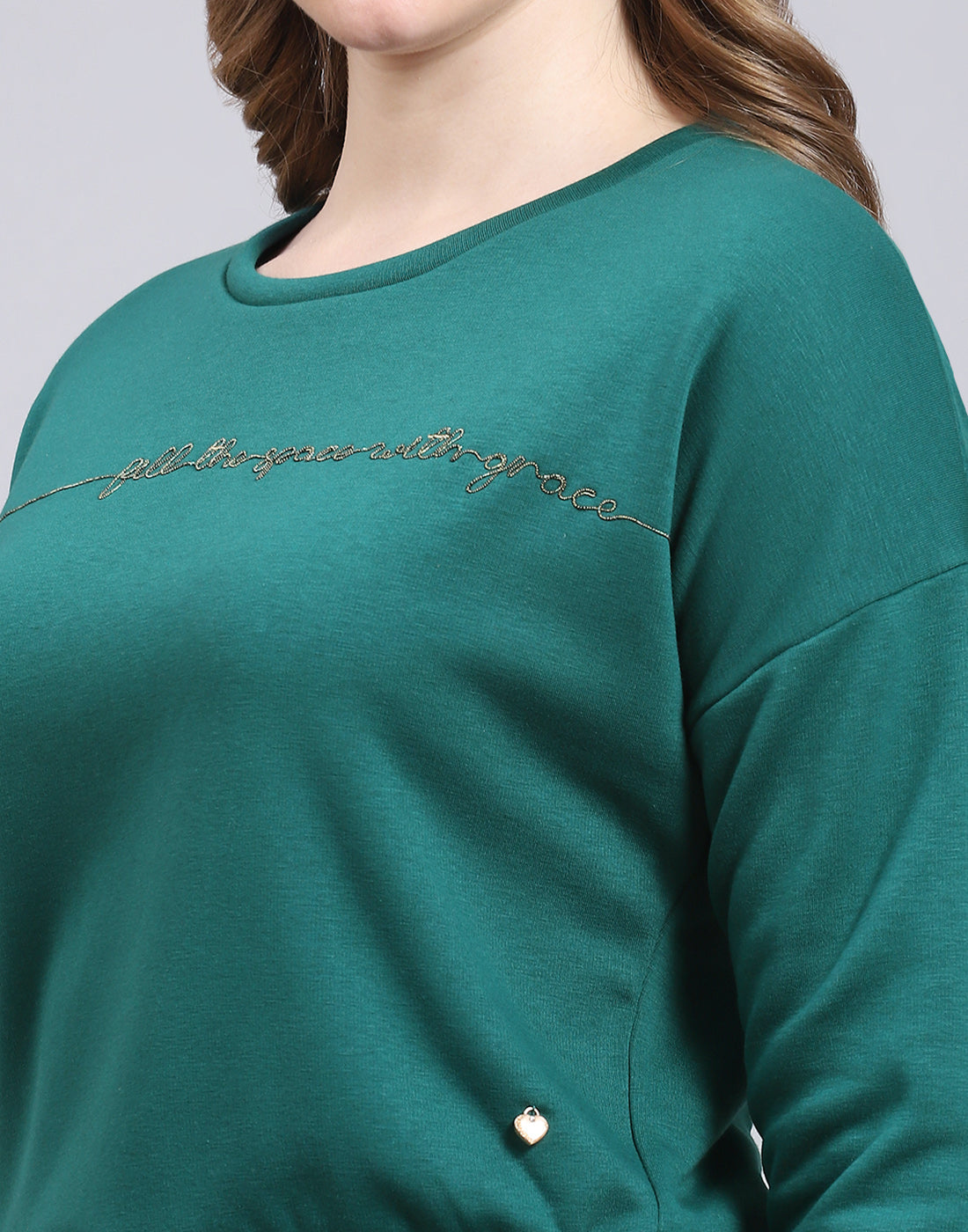 Women Teal Blue Embroidered Round Neck Full Sleeve Sweatshirt