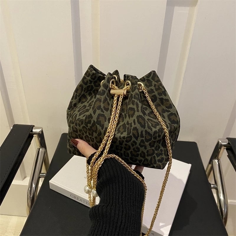 Women's Cloth Leopard Basic Vintage Style Bucket String Shoulder Bag Crossbody Bag