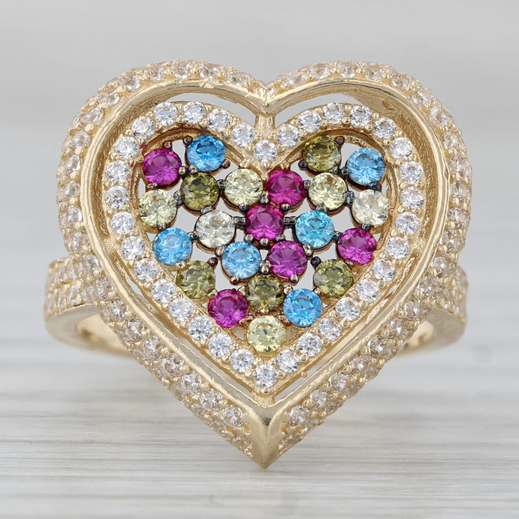 Multicolor Cubic Zirconia Cluster Heart Ring 14k Yellow Gold Size 6.25 Cocktail