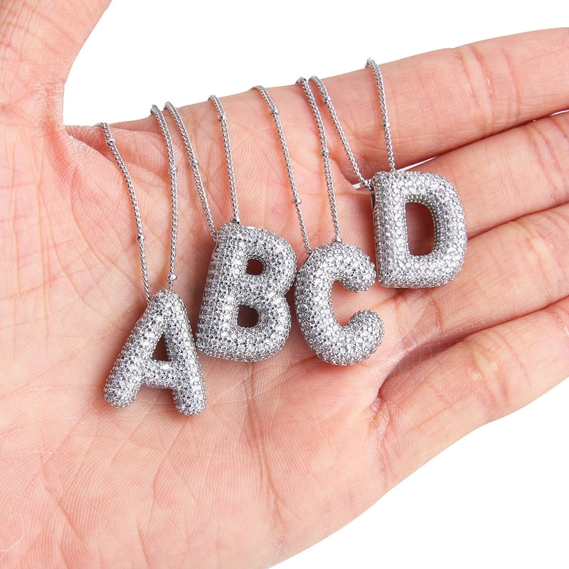 304 Stainless Steel Copper Rhodium Plated Three-dimensional Inlay Letter Zircon Pendant Necklace