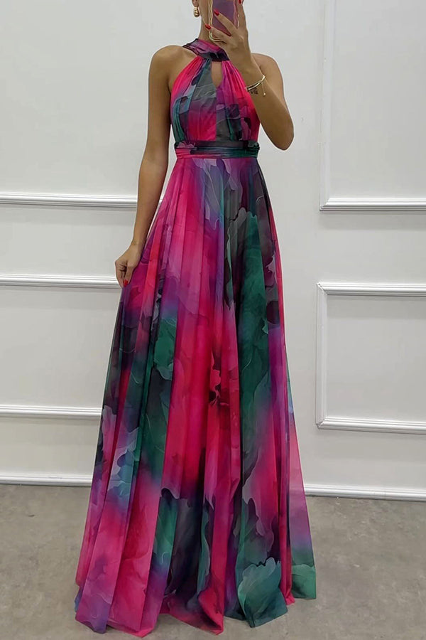 Pink Tulle Floral Splash Print Cutout Halter Tie-up Neck Gown Maxi Dress