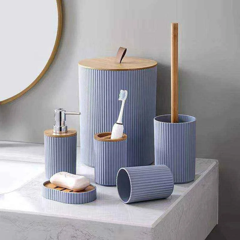 Luxury Bamboo Plastic Toilet Bathroom Set Eco-friendly toothbrush holder Kit Modern Washroom bathroom accessories for the house