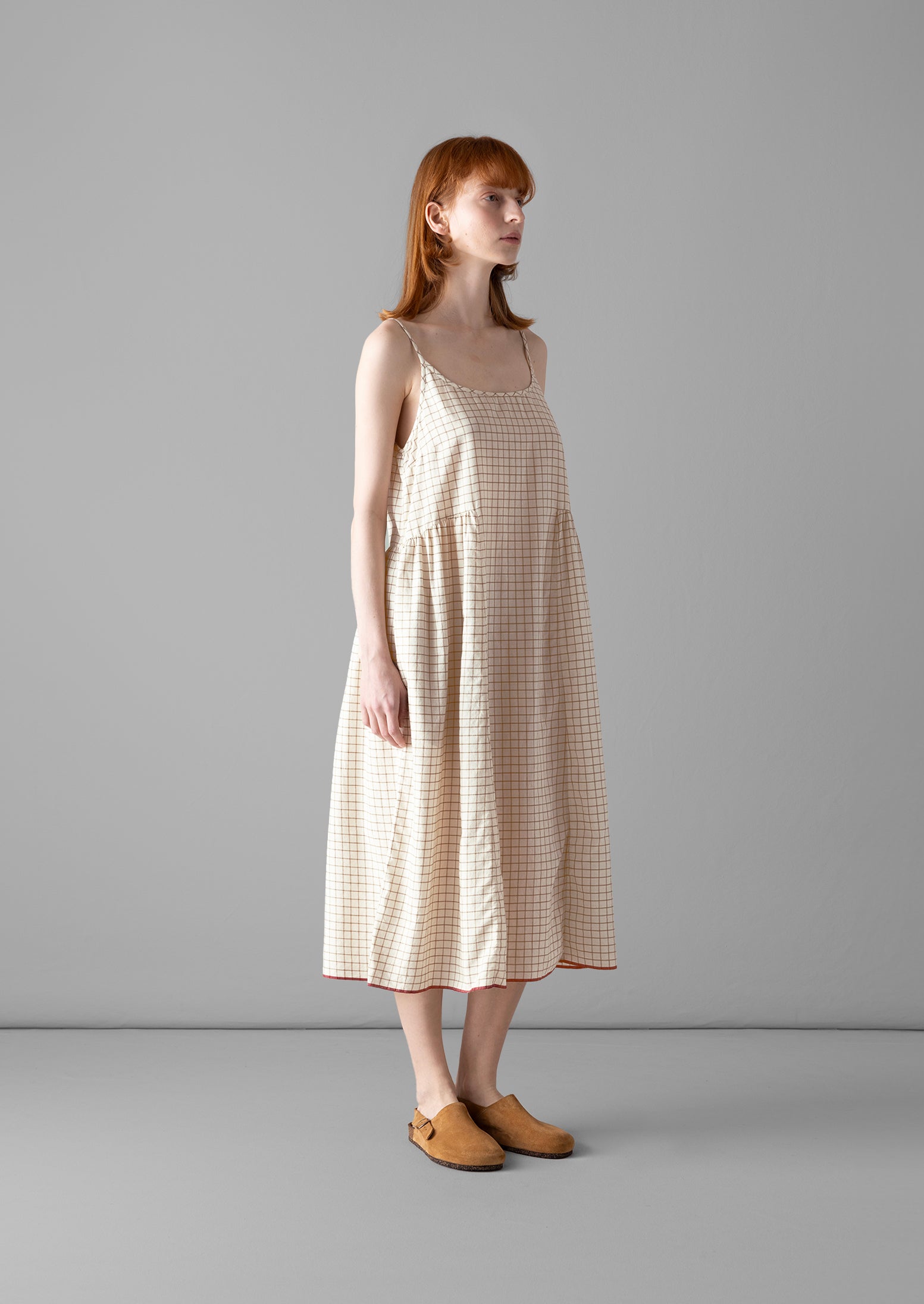 Hand Woven Check Mulmul Lounge Dress | Sand
