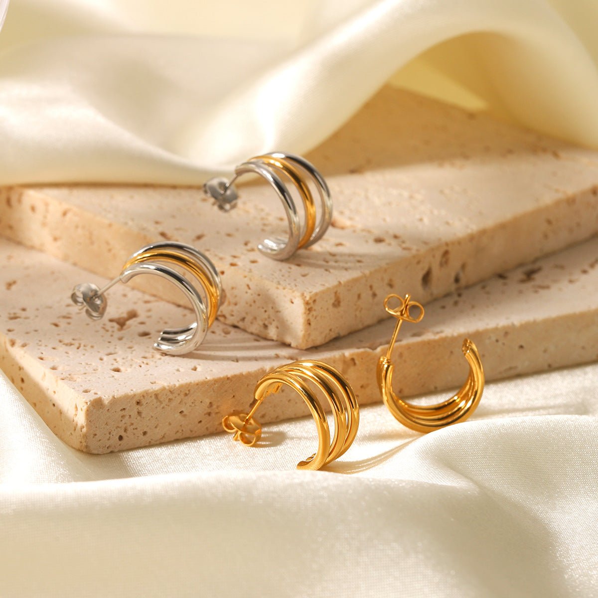 C-Shaped 18K Gold Stainless Steel Earrings Design Three-Layer Titanium Steel Earrings Female Earrings