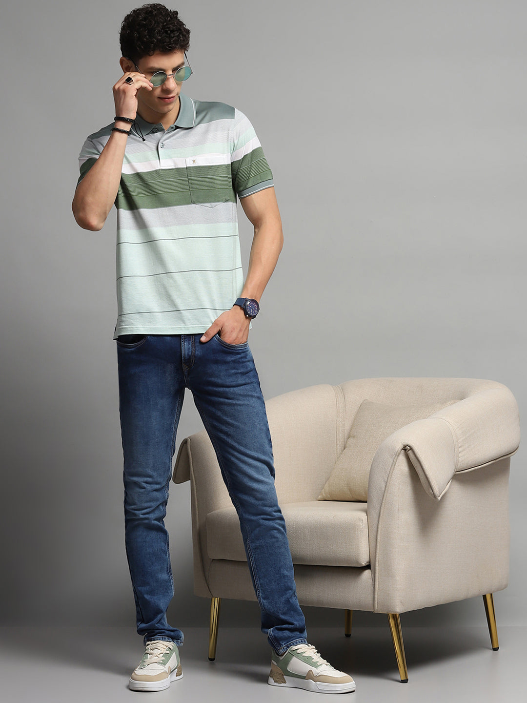 Men Green Stripe Collar Half Sleeve T-Shirt