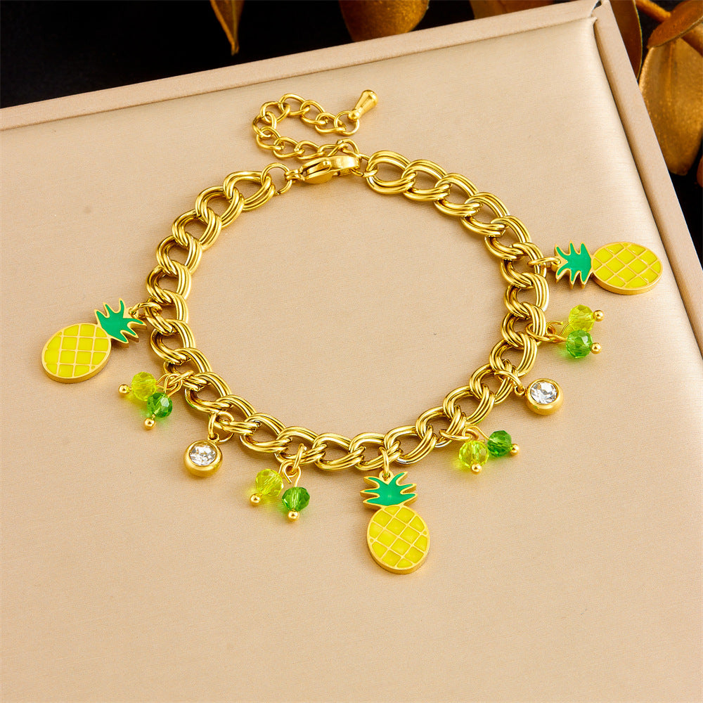 Fashion Small Fresh Cartoon Color Oil Drop Lemon Avocado Watermelon Pineapple Pendant Stainless Steel Bracelet