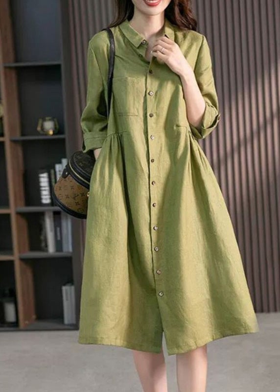 Casual Pink Peter Pan Collar Button Wrinkled Cotton Maxi Dresses Long Sleeve Fall