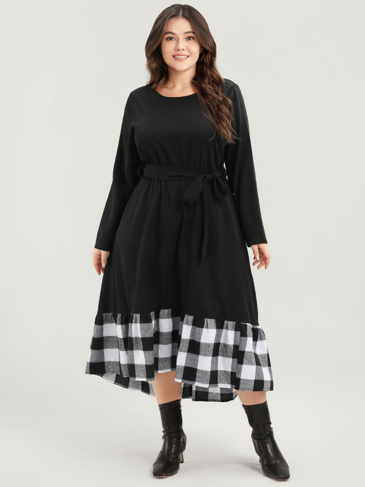 Plaid Patchwork Pocket Belted Asymmetrical Hem Dress
