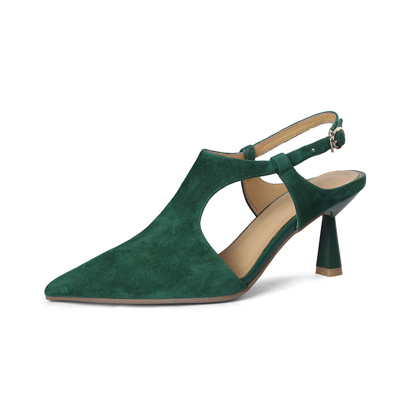 Elegant Pointed Toe Suede Leather Slingback Pumps 70mm Kitten Heel with Buckle Strap in Black/Green