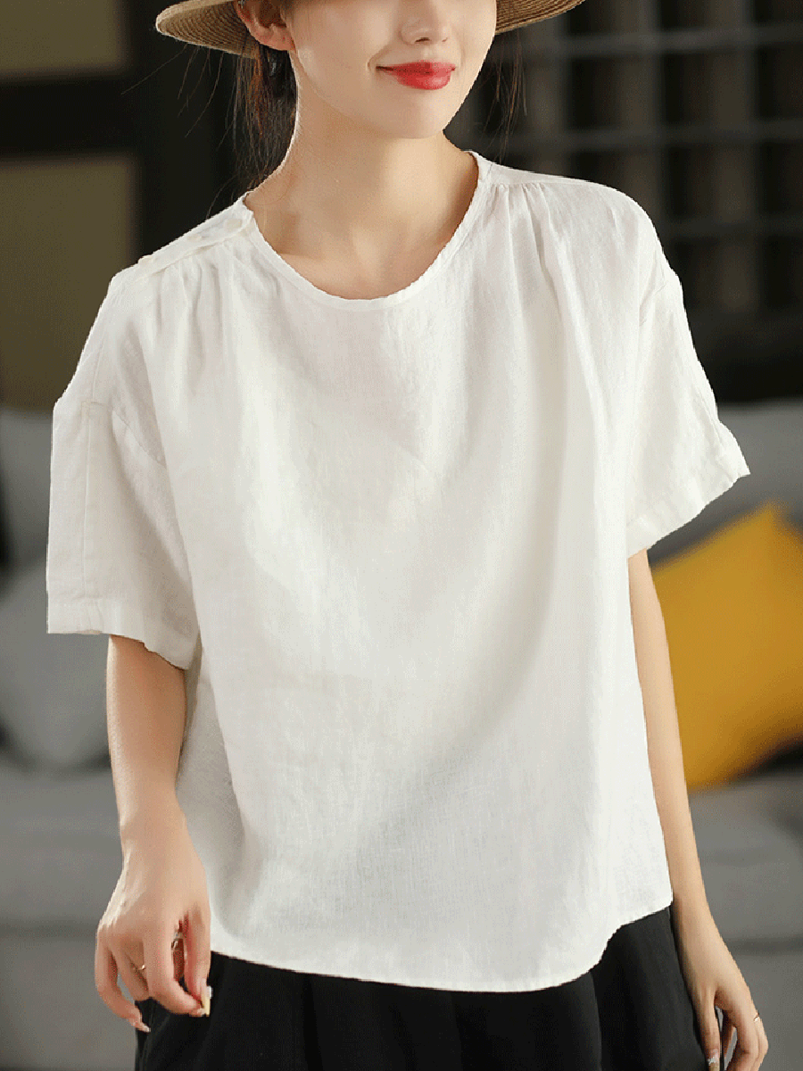 Women Summer Artsy Pure Color O-Neck 100%Linen Shirt