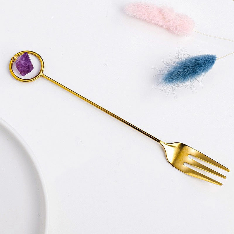 Natural Amethyst Flower Decor Copper Creative Long Handle Spoon