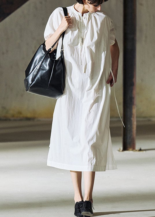 Handmade White O-Neck Cinched Loose Cotton Long Dresses Summer