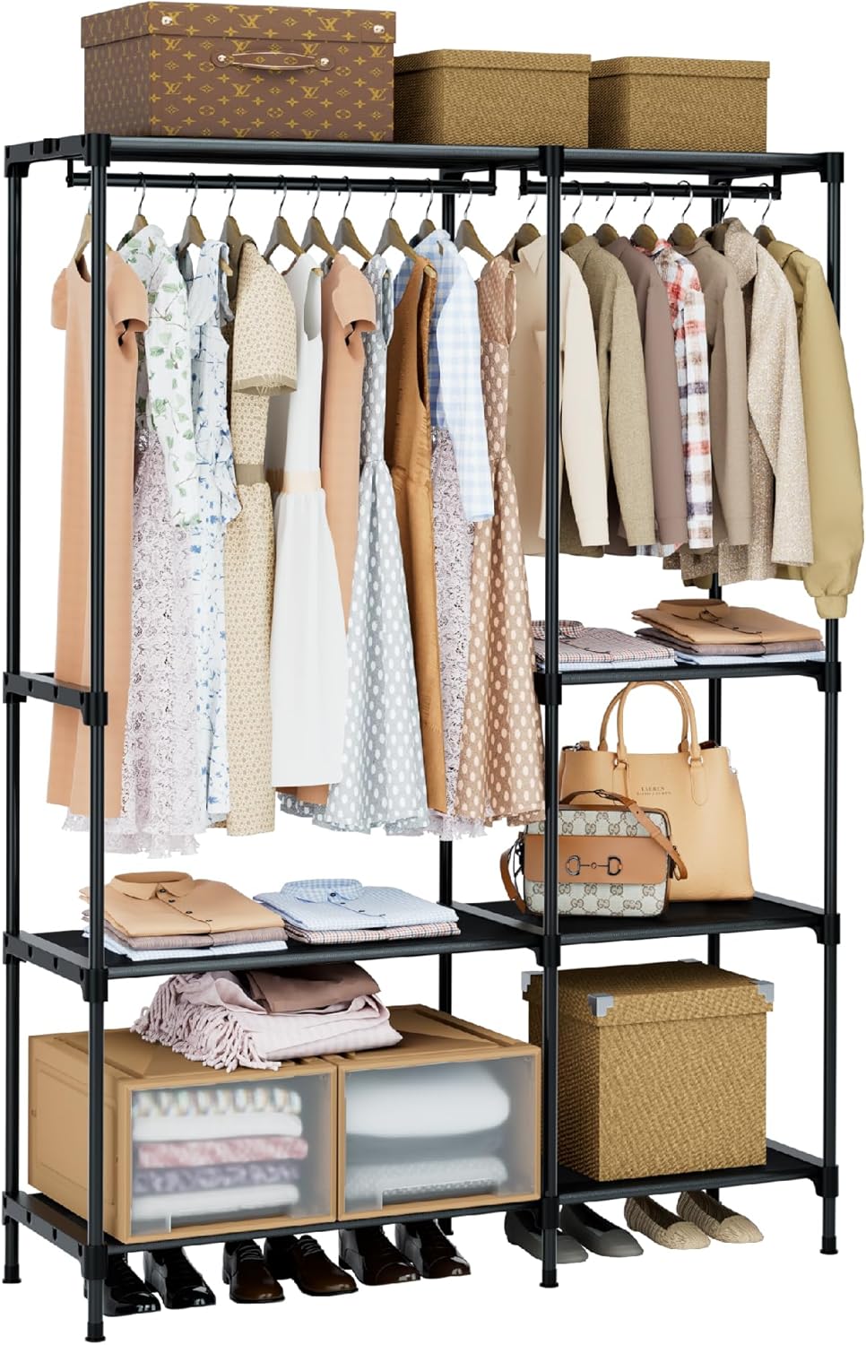 Clothes Rack, Portable Closet, 54.3 Inch Large Capacity Wardrobe Closet, Clothes Storage Organizer with Shelves and 3 Hanging Rods, Easy to Assembly, Black PCT022B01