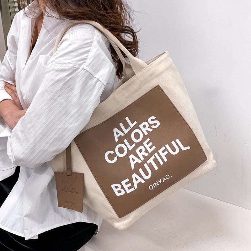 Women's Large Canvas Letter Streetwear Square Open Canvas Bag