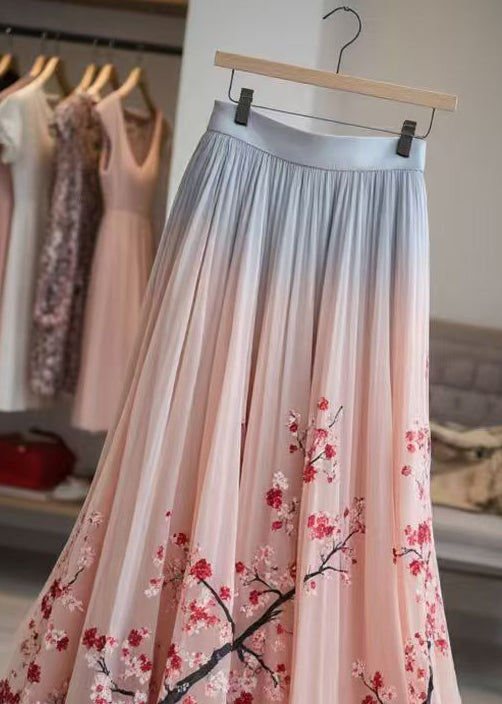 Elegant Pink Print Elastic Waist Chiffon Pleated Skirt Summer