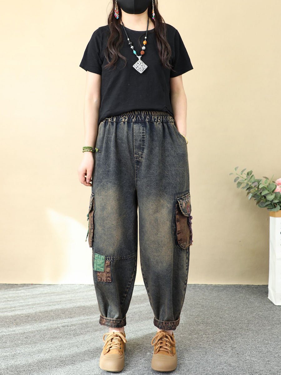 Women Retro Patchwork Denim Harem Pants