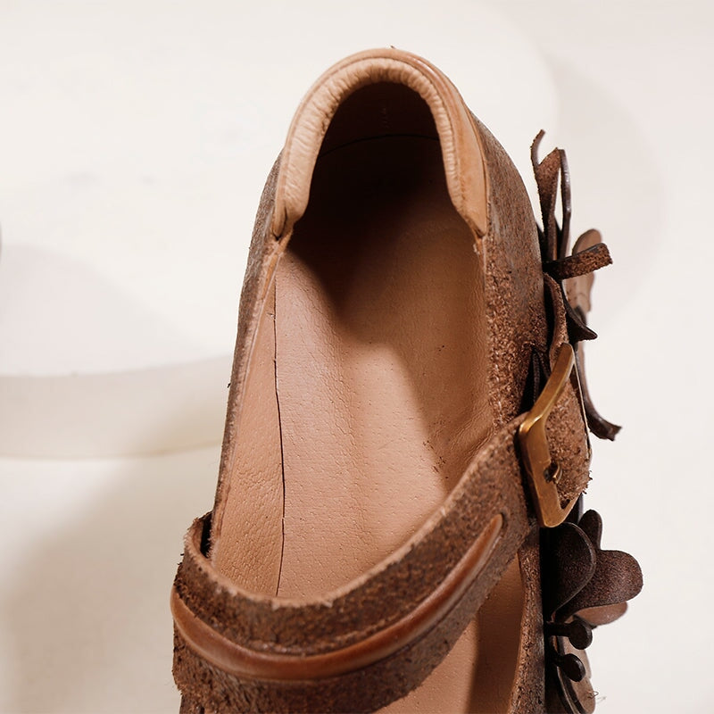 Handmade Retro Leather Mary Jane Shoes For Women 85mm Platform in Coffee/Gray