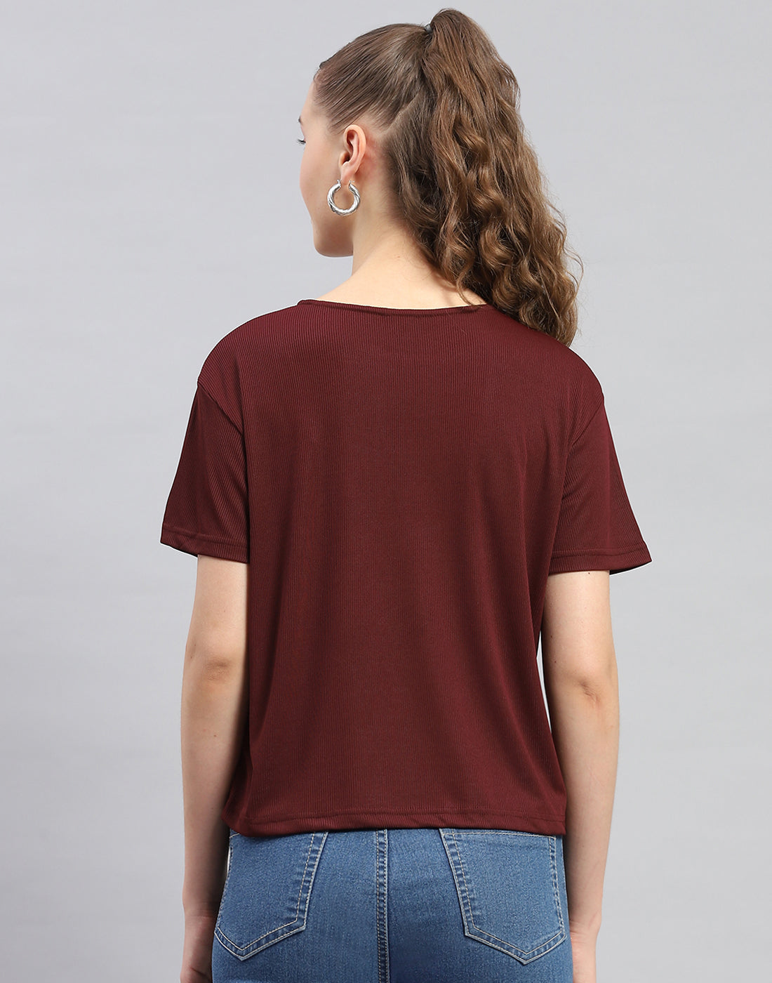 Women Maroon Printed Round Neck Half Sleeve Top