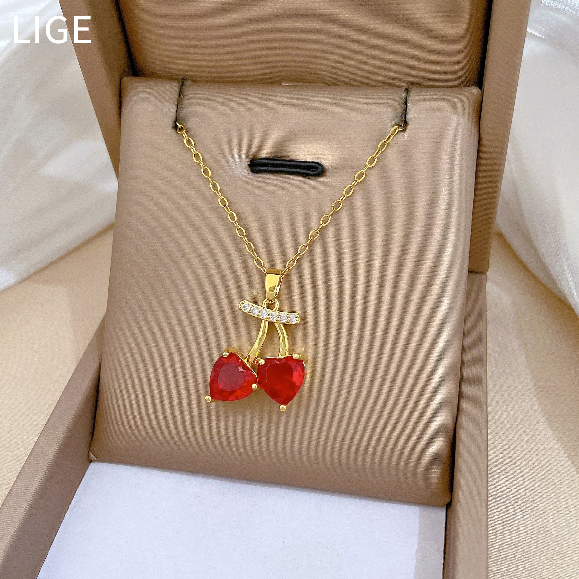 Fruit Red Cherry Fashion Gorgeous Full Diamond Necklace Women'S All-Match Clavicle Chain Titanium Steel