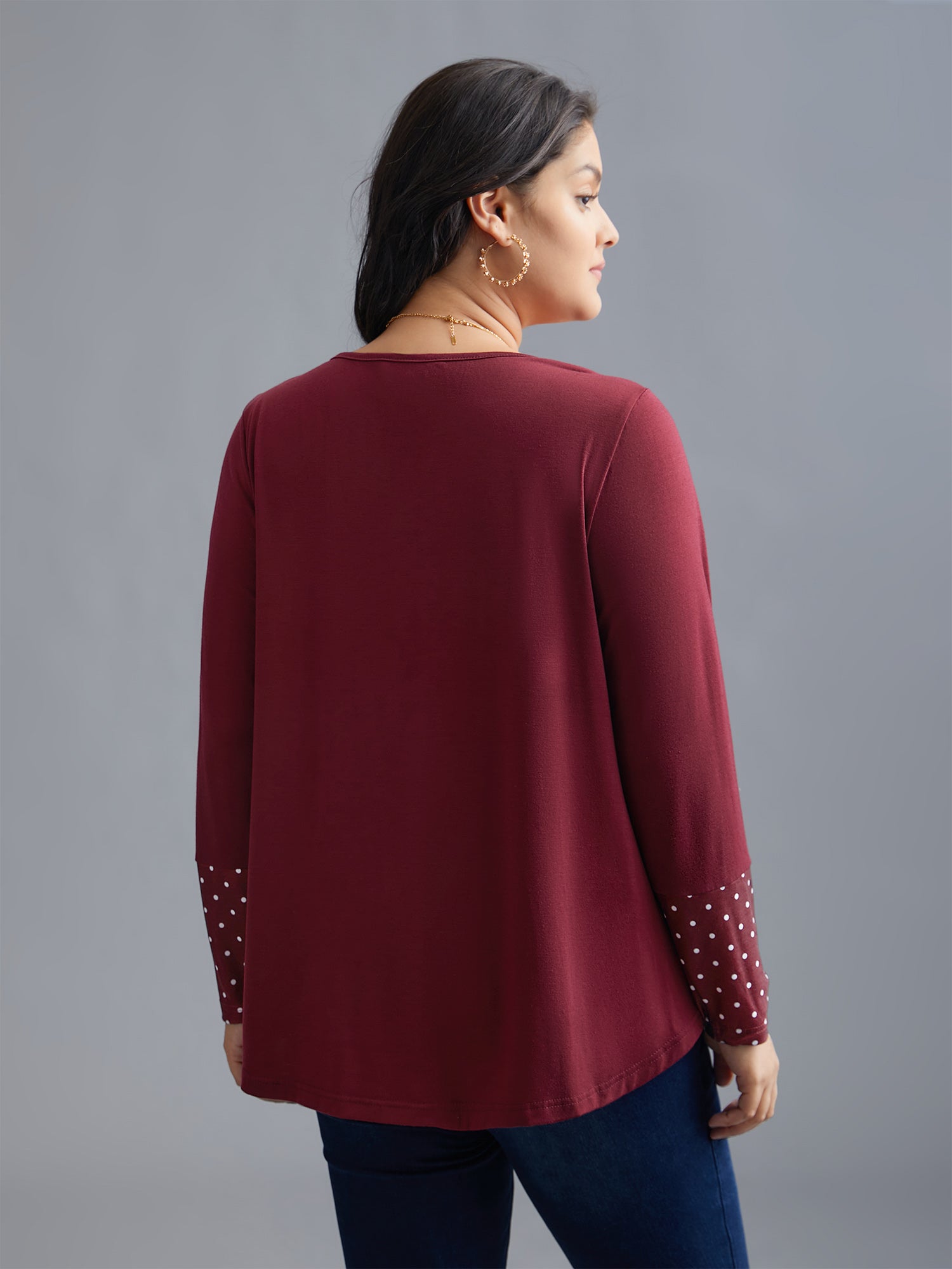 Notched Button Detail Polka Dot Patchwork T-shirt