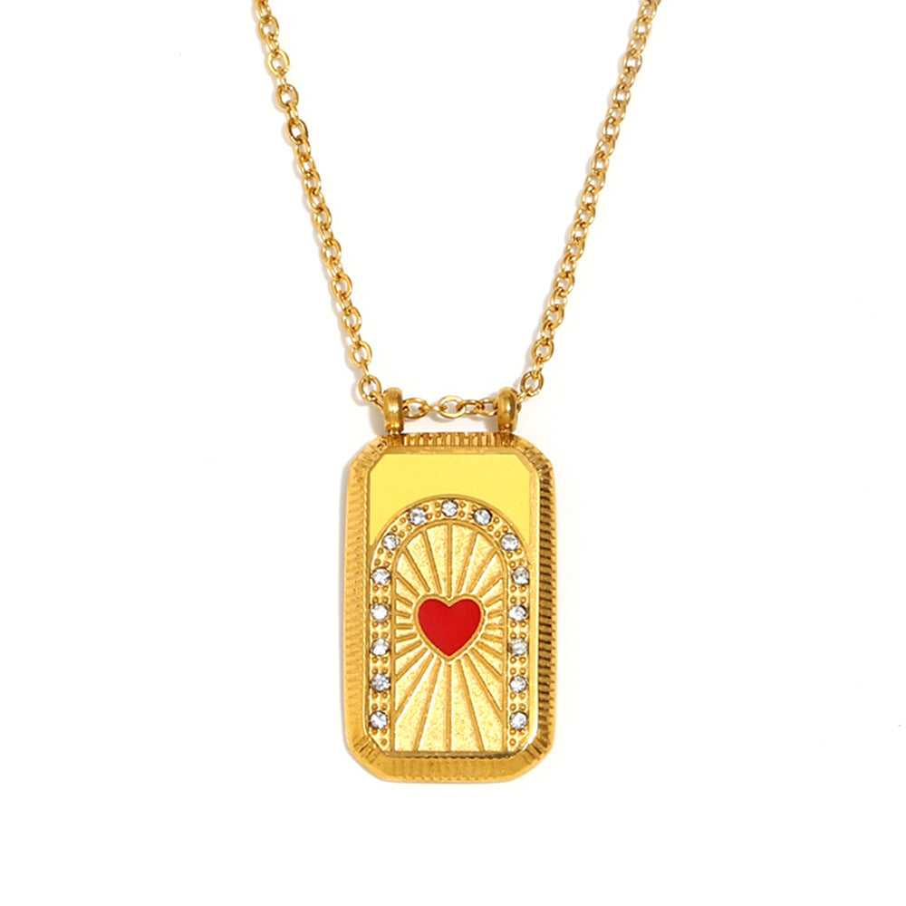 Ins Fashion Niche Geometric Square Retro Pendant Stainless Steel Plated 18K Gold Drop Oil Tarot Necklace Female