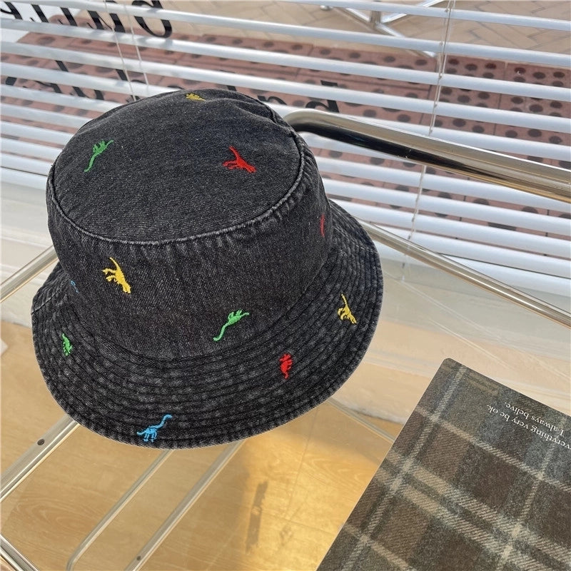 Women's Cute Basic Dinosaur Embroidery Wide Eaves Bucket Hat