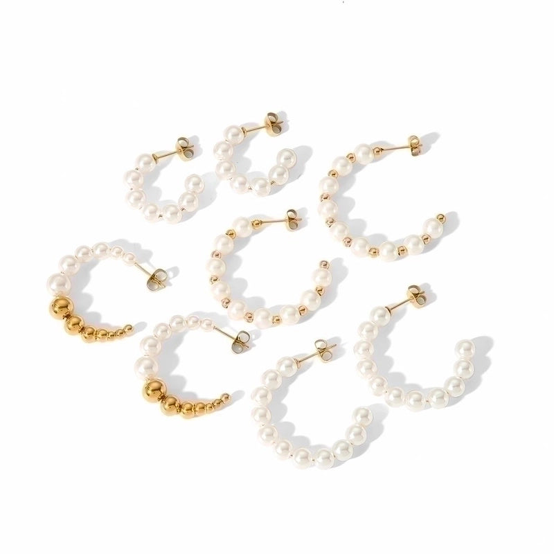 1 Pair Lady C Shape Beaded Inlay 304 Stainless Steel Artificial Pearls Earrings