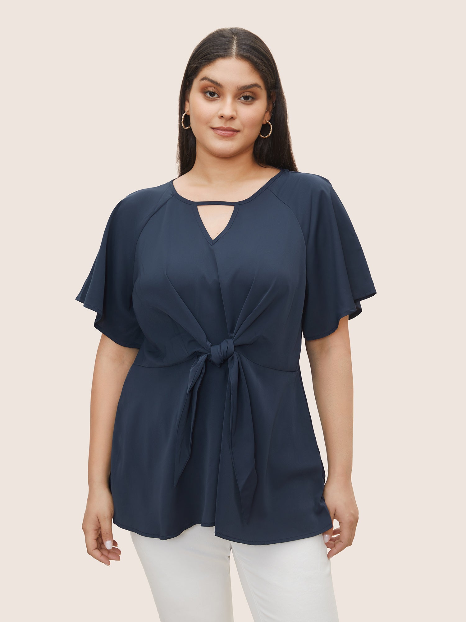 Plain Keyhole Knotted Front Ruffle Sleeve Blouse