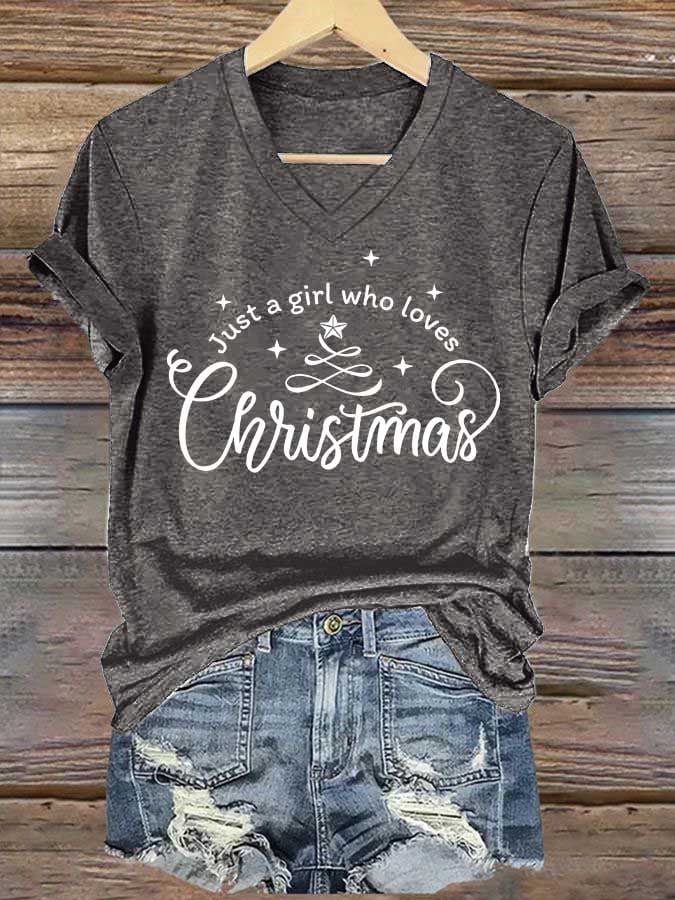 Women's Just A Girl Who Loves Christmas Print Casual V-Neck T-Shirt